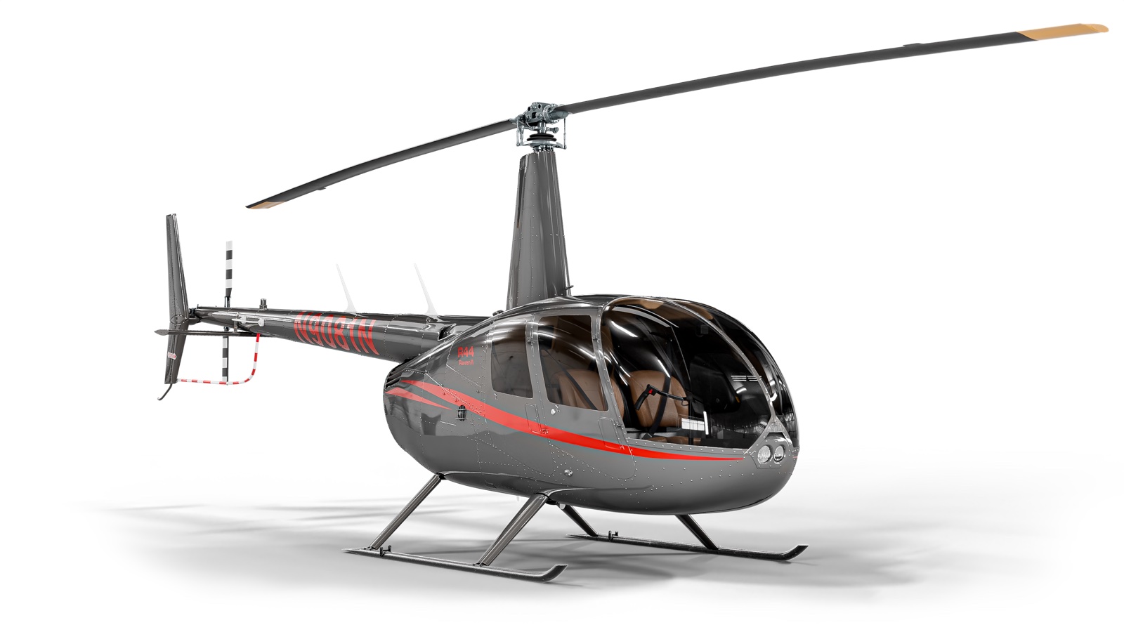 2026 Robinson R44 Raven II in Charcoal Metallic exterior with Robinson White trim, three-quarter front view